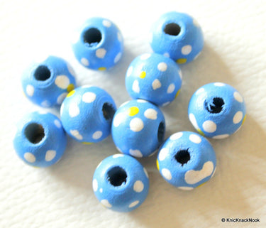 20 x Blue Wood Beads with Handpainted Flowers 10mmx9mm